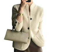 FULUJIDI Strickjacke Pullover Cardigan Damen Mantel Mit Knöpfen Stilvoll Mit Ständer Kragen Gestrickt Verdickt Einreihig Für Kleidung XXL Beige