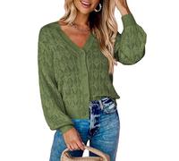 FULUJIDI Strickjacke Pullover Cardigan Frauen Stricken Kurz Geschnittenes Pullover Mit V-Ausschnitt Lang Ärmelig Einreihig Häkeln Tops 2XL Grün