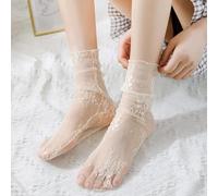 FULUJIDI Strümpfe Damen Atmungsaktive Transparente Floral Lace Socken Süße Mesh Netzsocken Weiche Socken Eusize34-40 Beige