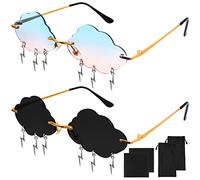 Fumanduo 2 Stück Wolke Sonnenbrille, Randlose Sonnenbrille mit 2 Brillenbeuteln + 2 Brillentüchern Unregelmäßige Disco Brille Blitz Quaste Frauen Sonnenbrille für Party Strand (Grau Blu-Pink)