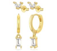 FUNEIA 2 Paare Ohrringe Gold Set Hängend Tropfen Damen Frauen 14K Vergoldet Creolen Goldene Ohrstecker mit Anhänger Grün Blau Grüner Stein Drop Modeschmuck Bijux ohrring Geschenke für Mädchen