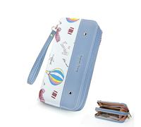 FuninCrea Geldbörse Damen Leder Geldbeutel Damen, Portemonnaie Damen Gross Doppelte Reißverschluss-Taschen Portmonee Damen Lang Bauchtasche Damen Groß mit Abnehmbarer Handschlaufe (Blau)