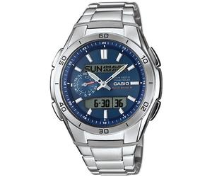 Funkchronograph CASIO FUNK, blau (silberfarben), Armbanduhren, Herren, Solaruhr, Armbanduhr, Digitaluhr,Edelstahlarmband, bis 10 bar wasserd. (808512-0) silberfarben