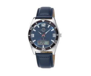 Funkchronograph MASTER TIME, blau, Armbanduhren, Herren, Quarzuhr, Armbanduhr, Herrenuhr, Lederarmband, analog, digital (45552606-0) blau
