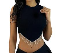 Funkelnd Strass Fransen Racerback Y2 K Crop Top Frauen Sommer Rundhals Diamantkette Sexy Ärmellos Tank Top T-Shirt Strick Corset Cropped Tops mit Glitzer Quaste (Black, S)