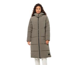 Funktionsmantel JACK WOLFSKIN "KAROLINGER LONG COAT W", Damen, Gr. XS (34), braun (cold coffee), Obermaterial: 100% Polyamid. Futter: 100% Polyester. Füllung: 100% Polyester, unifarben, hoch geschloss