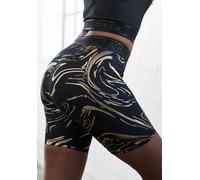 Funktionsshorts LASCANA ACTIVE, Damen, Gr. M (40/42), N-Gr, gold (schwarz, goldfarben), Obermaterial: 85% Polyester, 15% Elasthan, bedruckt, gemustert, glänzend, eng ca. Mitte Oberschenkel, Hosen, mit