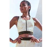 Funktionstop LASCANA ACTIVE, Damen, Gr. M (40/42), gold (weiß, gold), Obermaterial: 85% Polyester, 15% Elasthan, bedruckt, gemustert, glänzend, eng kurz, Rundhals, Tops, Glänzender 3D Schriftzug auf d
