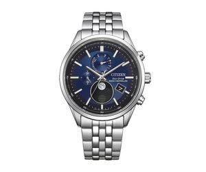 Funkuhr CITIZEN "Funkuhren Mondphase", silberfarben, blau, Armbanduhren, Herren, Funkuhr, Quarzuhr, Armbanduhr, Herrenuhr, Edelstahlarmband, analog, Big Date (84796517-0) silberfarben, blau