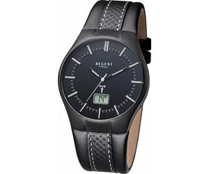Funkuhr REGENT, schwarz (schwarz, schwarz), Armbanduhren, Herren, Funkuhr, Quarzuhr, Armbanduhr, Herrenuhr, Datum, Lederarmband (731163-0)