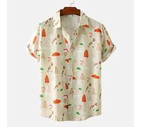 Funky Hawaii-Hemd - Herren, Kurzärmelig, Cartoon-Pilzbaum-Druck, Aloha-Hemd, Lockere Strickjacke, Knopfleiste, Straße, Lässig, Beige, Sommer, Strand, Urlaub, Ausgefallene Bluse, Männliche Gesche