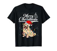 Funny Pug Dog Christmas Lights Santa Hat Candy Cane Xmas T-Shirt