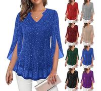 Funnyrap Glitzer Oberteile Damen 3/4 Ärmel Bluse Elegant Pailletten Tunika Festliche Blusenshirt Doppellagige Mesh Bluse Einfarbig Tshirt Silvester Outfit Mode Partybluse Leicht Longbluse