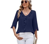 FUNSEED Damen-Oberteile, trendiger V-Ausschnitt, Chiffon-Bluse, Sommer, Übergröße, Boho-Bluse, lässig, fließende Rüschen, Schößchen, Marineblau, X-Groß