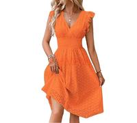FUNSEED Damen Sommer Boho Kleid, V-Ausschnitt Ausgeschnitten Süßes Rüschenärmel Fließendes Kleid, Sexy Tunika Strandparty Sonnenkleid, Orange/Abendrot im Zickzackmuster (Sunset Chevron), X-Groß