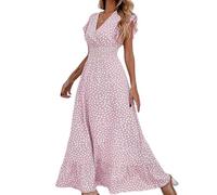 FUNSEED Maxikleid für Damen, Sommer, V-Ausschnitt, hohe Taille, Strandkleid, lässig, fließend, Boho, gepunktet, lange Kleider, Hellviolett, L