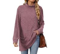 FUNSEED Tunika-Oberteile, Rollkragenpullover, langärmelig, für Damen, seitlicher Schlitz, mittellang, vielseitiges, warmes Oberteil, Violett, Rot, Groß