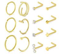 Funseedrr 20G 14 Stück L-förmige Golden Nasenstecker-Set für Damen & Herren, 0.8mm Edelstahl mit Zirkon Nasenringe Septum-Ringe Ohrringe Knorpel-Piercing-Schmuck