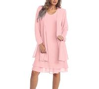 FUPODD Abendkleid Damen Knielang Festliche Elegant Kleider Für Hochzeit Langarm Chiffon-Überwurf Kleid Ärmelloses Abschlusskleid Chiffonkleid Frauen Zweiteilig Partykleid Tüll Cardigan Abendkleider