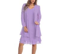FUPODD Abendkleid Damen Knielang Festliche Elegant Kleider Für Hochzeit Langarm Chiffon-Überwurf Kleid Ärmelloses Abschlusskleid Chiffonkleid Frauen Zweiteilig Partykleid Tüll Cardigan Abendkleider