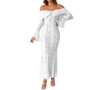 FUPODD Abendkleid Damen Lang Schulterfrei Spitzenkleid Weiß Cocktailkleid Trompetenärmel Abendkleider Elegant Kleid Mit Spitze Hochzeitsgast Partykleid Weisses Ballkleid Meerjungfrau Kleider Frauen