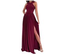 FUPODD Abendkleid Damen Mit Schlitz Partykleid Frauen Ärmellos Neckholder Maxi Abendkleider Elegant Hochzeit Festliche Cocktailkleid Lang Mode Kleid Rückenfrei Kleider Einfarbig Ballkleid Schwingen