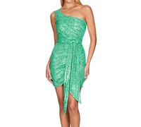 FUPODD Abendkleider Damen Glitzer Kurz Cocktailkleid Pailletten Kleid Curvy Mini Kleider Festlich Elegant Hochzeit Ballkleider Damen Kurze mit Gürtel Abendkleid Frauen Eng Partykleid One Shoulder