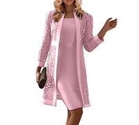 FUPODD Abendkleider Für Hochzeit Knielang Mit Jacke 2 Teilig Brautmutterkleider Frauen Elegant Für Hochzeitsgast Lang Zweiteiler Festliche Damen Outfit Ink. Kleid Ärmellos Und Mantel Langarm Cut Out