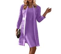 FUPODD Abendkleider Für Hochzeit Knielang Mit Jacke 2 Teilig Brautmutterkleider Frauen Elegant Für Hochzeitsgast Lang Zweiteiler Festliche Damen Outfit Ink. Kleid Ärmellos Und Mantel Langarm Cut Out