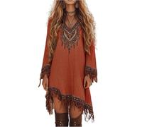 FUPODD Boho Kleid Damen Kurz Hippie Kleider Langarm Quasten Vintage Sommerkleid Damen Elegant Bohemian Damenkleider Häkel Spitze Frühlingskleid Frauen Asymmetrisch Ibiza Herbstkleid V Ausschnitt
