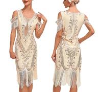 FUPODD Charleston Kleid Damen 20er Jahre Kurz Elegant Pailletten Quaste Saum Abendkleid V Ausschnitt Partykleid Frauen Vintage Abschlussballkleid Silvester Festliche Rockabilly Kleider Cocktail
