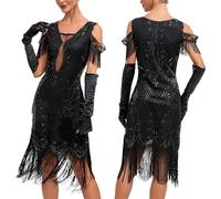 FUPODD Charleston Kleid Damen 20er Jahre Kurz Elegant Pailletten Quaste Saum Abendkleid V Ausschnitt Partykleid Frauen Vintage Abschlussballkleid Silvester Festliche Rockabilly Kleider Cocktail