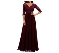 FUPODD Chiffonkleid Festlich Extra Lang Bodenlanges Mit V-Ausschnitt Tüllkleid Kurzarm Spitze Rüschen 50er Rundhals Abendkleider Spitze Bodenlange Cocktailkleid Festliche 3/4 Ärmel Festliche