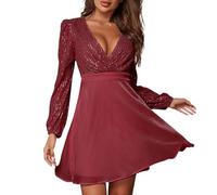 FUPODD Cocktailkleid Damen Sexy Langarm Abendkleider Glitzer Mini Kleid V-Ausschnitt Wickelkleid Kurze Partykleid Tunika Kleider Elegant Ballkleid Frauen Festlich Paillettenkleid Empire Abendkleid