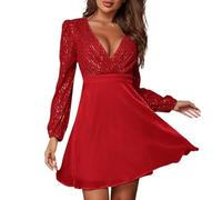 FUPODD Cocktailkleid Damen Sexy Langarm Abendkleider Glitzer Mini Kleid V-Ausschnitt Wickelkleid Kurze Partykleid Tunika Kleider Elegant Ballkleid Frauen Festlich Paillettenkleid Empire Abendkleid