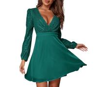 FUPODD Cocktailkleid Damen Sexy Langarm Abendkleider Glitzer Mini Kleid V-Ausschnitt Wickelkleid Kurze Partykleid Tunika Kleider Elegant Ballkleid Frauen Festlich Paillettenkleid Empire Abendkleid
