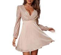 FUPODD Cocktailkleid Damen Sexy Langarm Abendkleider Glitzer Mini Kleid V-Ausschnitt Wickelkleid Kurze Partykleid Tunika Kleider Elegant Ballkleid Frauen Festlich Paillettenkleid Empire Abendkleid