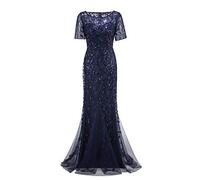 FUPODD Damen Abendkleid Elegant Maxikleid 1920er-Jahre Kleid Mit Pailletten Damenkleid Tüll Partykleid Frauen Kurze Ärmel Kleider Lang Cocktail-Meerjungfrau-Kleid Ballkleid Für Hochzeit Abendkleider