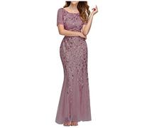 FUPODD Damen Abendkleid Elegant Maxikleid 1920er-Jahre Kleid Mit Pailletten Damenkleid Tüll Partykleid Frauen Kurze Ärmel Kleider Lang Cocktail-Meerjungfrau-Kleid Ballkleid Für Hochzeit Abendkleider