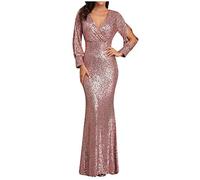 FUPODD Damen Abendkleider Lang Pailletten Kleid Damen Langarm Curvy Bodenlang Cocktailkleid Damen Elegant Festliches Glitzerkleid Frauen V Ausschnitt Partykleid Lange Ballkleid Eng Paillettenkleid