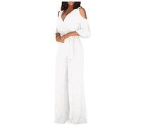 FUPODD Damen Jumpsuit Elegant Für Hochzeit Festlich Jumpsuits Lang Weites Bein Mit Gürtel Overall Damen Sommer Romper V Ausschnitt Hosenanzug Cold Shoulder Kurzarm Playsuit Frauen Wide Leg Einteiler