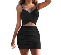 FUPODD Damen Kleider Sommer Kurz Curvy Sommerkleid Elegant Trägerkleid Korsett Minikleid Sexy Cut Out Plissee Kleid Spaghettiträger Plisseekleid Eng Sommerkleider Frauen Leicht Luftig Strandkleid