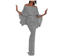FUPODD Elegant Abendkleid mit Schlitz - Off Shoulder Paillettenkleid Damen Figurbetont für Hochzeit - Cocktail Ballkleid Maxikleid Sexy Partykleid