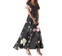 FUPODD Elegante Kleider Damen Schicke Lange Sommerkleider Strand Tunika Kleid Mit Ärmel Sommerkleid Casual Musselin Kleider Elegant Leinenkleid Blumiges Strandkleid Luftig Cocktailkleid Flatterärmel