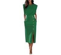 FUPODD Etuikleid Damen Elegant Für Hochzeit Lang Cocktailkleid Business Kleid Hochzeitsgast Midi Mit Schlitz Abendkleid Festliche Kleider Knöpfe Midikleid Frauen Mit Taschen Sommerkleid Elegante