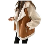 FUPODD Jacke Damen Wildleder Kurz Winterjacke Damen Warm Gefüttert Teddyjacke Winter Revers Bikerjacke Vintage Dicke Wintermantel Elegant Thermo Jacken Fellkragen Warme Mantel Reißverschlußtaschen