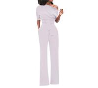 FUPODD Jumpsuit Damen Elegant Festlich Hochzeit Overall Damen Sommer Lang Weites Bein Jumpsuits Hochzeitsgast One Shoulder Mit Ärmel Romper Frauen Mit Tasche Festlicher Playsuit Mit Gürtel Onesie