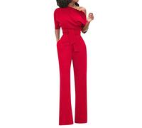 FUPODD Jumpsuit Damen Elegant Festlich Hochzeit Overall Damen Sommer Lang Weites Bein Jumpsuits Hochzeitsgast One Shoulder Mit Ärmel Romper Frauen Mit Tasche Festlicher Playsuit Mit Gürtel Onesie