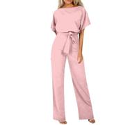 FUPODD Jumpsuit Damen Elegant Festlich Jumpsuits Für Damen Sommer Lang Weites Bein Overall Mit Gürtel Playsuit Leicht Einfarbig Casual Romper Frauen Kurzarm Eleganter Hosenanzug Cut Out Onesie