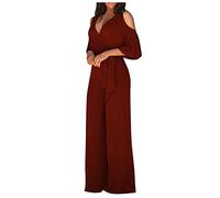 FUPODD Jumpsuit Damen Elegant Für Hochzeit Festlich Cold Shoulder Overall Damen Sommer Lang Weites Bein Romper Mit Gürtel Hosenanzug Wickeloptik Jumpsuits V Ausschnitt Onesie Frauen Culotte Playsuit